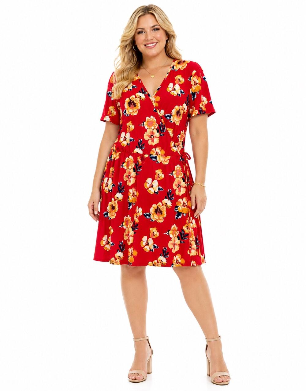 Planet Gold Red Floral Print Stretchy Lightweight Knee Length Faux Wrap Dress